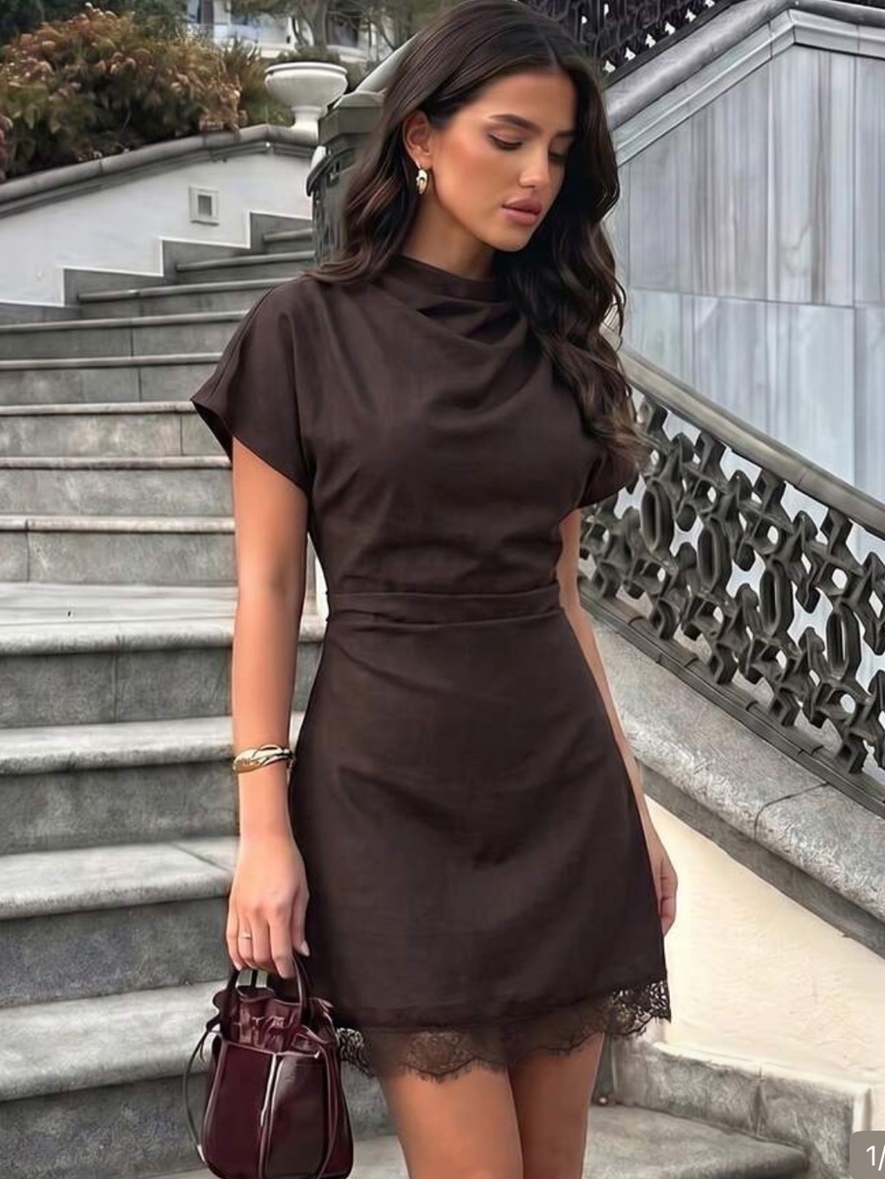Elegant Brown Lace-Hem Mini Dress